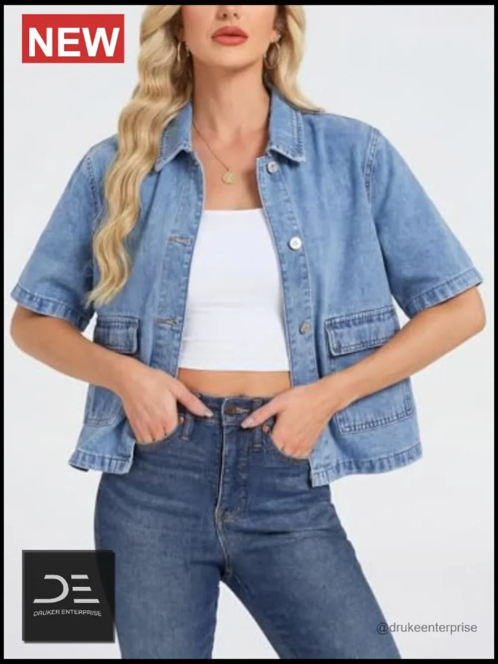 Crop Denim Jacket Short Sleeve Boxy Fit Collared Jean Top with Pockets